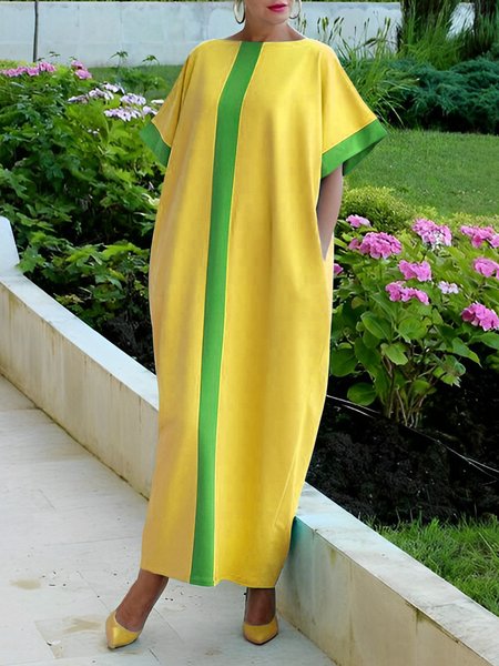 Half sleeve Loose Casual Crew Neck Dress, Yellow, Maxi Dresses