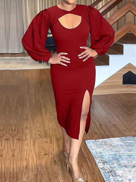 

Tight Elegant Crew Neck Long sleeve Plain Midi Dress, Red, Midi Dresses