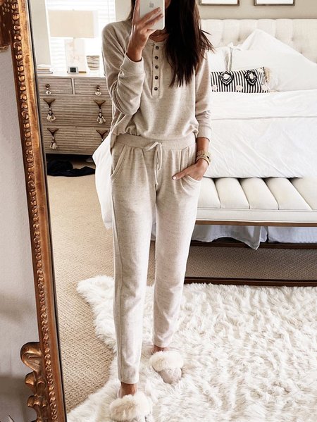 

Knitted Loose Plain Casual Two-Piece Set, Light khaki, Suit Set