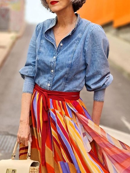 

Stand Collar Urban Loose Denim Blouse, Blue, Blouses and Shirts
