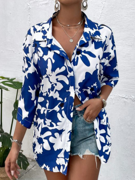 

Shirt Collar Loose Floral Casual Blouse, Blue, Shirts & Blouses