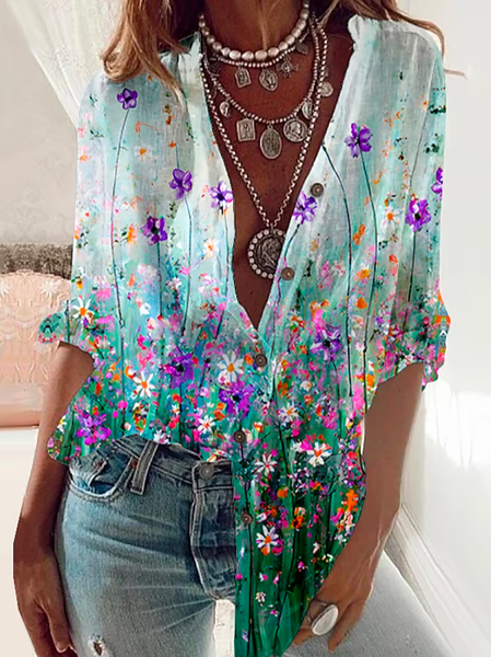

Loose Buttoned Casual Floral Blouse, Green, Shirts & Blouses