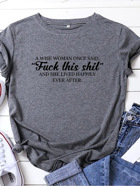 

Loose Casual Crew Neck Text Letters T-Shirt, Gray, T-Shirts