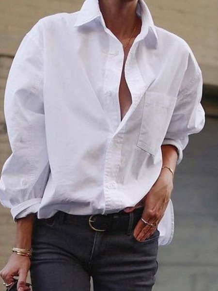 

Urban Plain Shirt Collar Loose Blouse, White, Blouses and Shirts