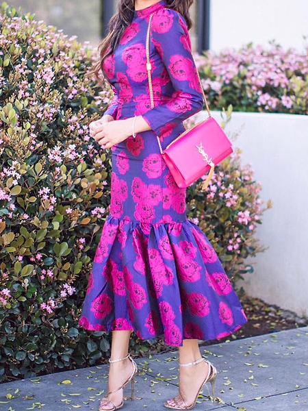 

Elegant Floral Regular Stand Collar Fit Long sleeve Maxi Dress, Rose red, Midi Dresses