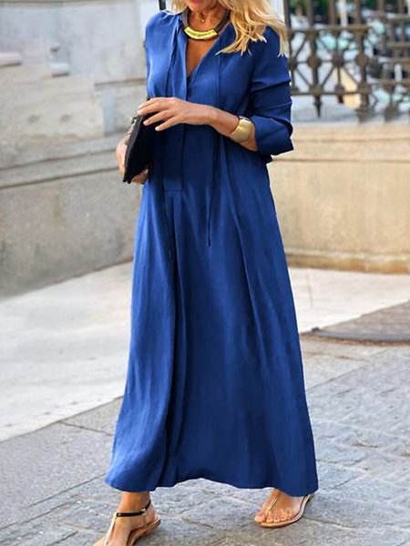 

V Neck Loose Urban Dress, Blue, Maxi Dresses