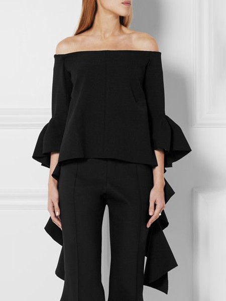 

Three Quarter Regular Fit Cold Shoulder Plain Elegant Shirt, Black, Blouses and Shirts
