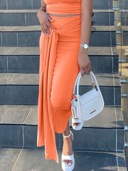 

Casual Regular Fit Plain Knot Front Skirt, Orange, Skirts