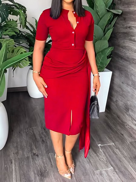 

Elegant V Neck Ruched Regular Fit Dress, Red, Midi Dresses