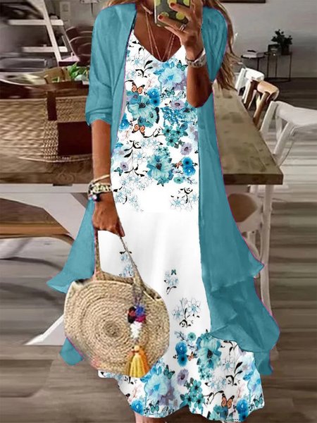

Loose Floral Elegant Wrap Two-Piece Set, Blue, Suit Set