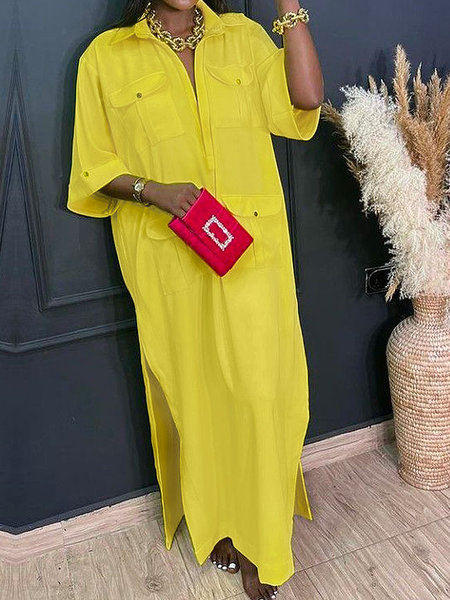 

Loose Plain Urban Short Sleeve Maxi Dress, Yellow, Maxi Dresses
