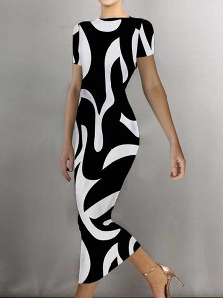 

Short sleeve Elegant Boat Neck Geometric Tight Dress, Black, Midi Dresses