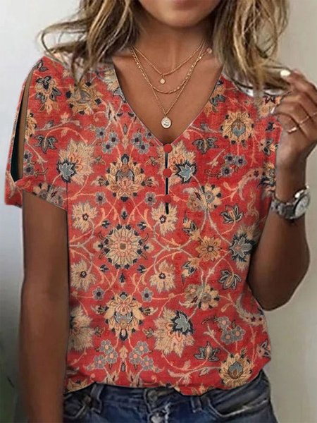 

V Neck Loose Casual Floral T-Shirt, Red, T-Shirts