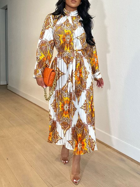 

Stand Collar Abstract Pleated Elegant Dress With Belt, Yellow, Maxi Dresses