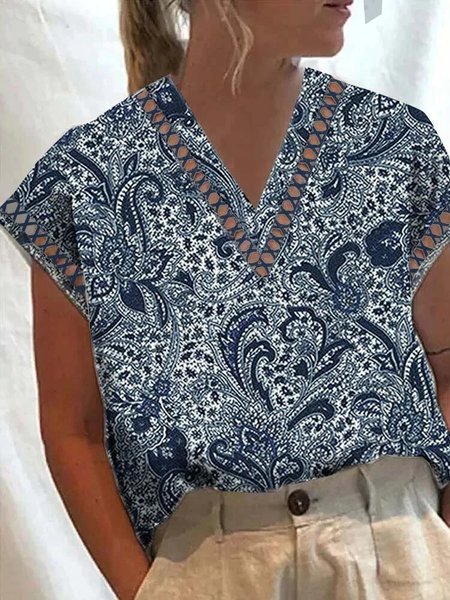 

Paisley V Neck Loose Casual Shirt, Blue, T-Shirts