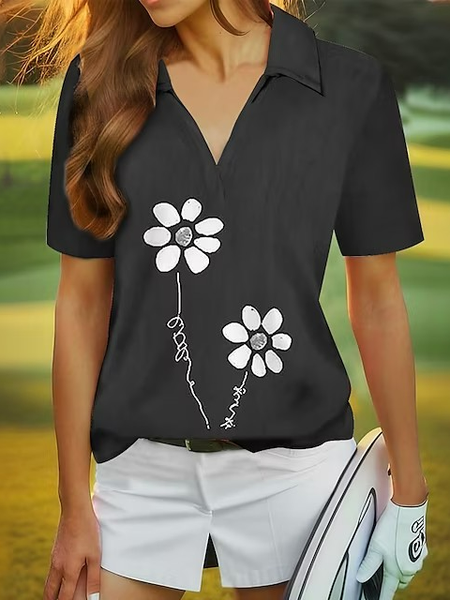 

Casual Cotton Shawl Collar Floral Golf Polo Shirt, Black, Shirts & Blouses