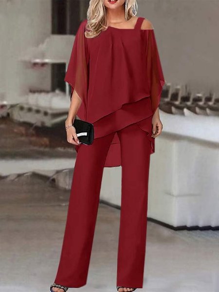 

Plain Casual Loose Chiffon Jumpsuit, Red, Jumpsuits＆Rompers