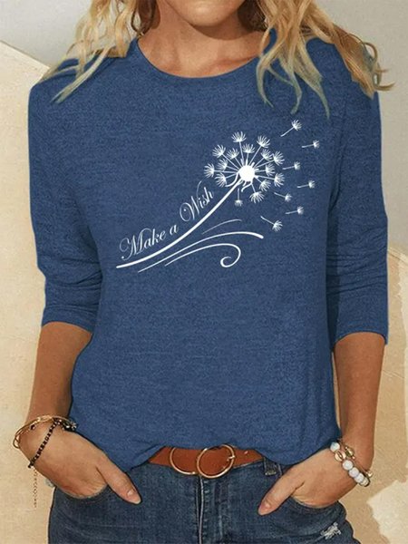 

Loose Crew Neck Dandelion Casual Shirt, Blue, T-Shirts