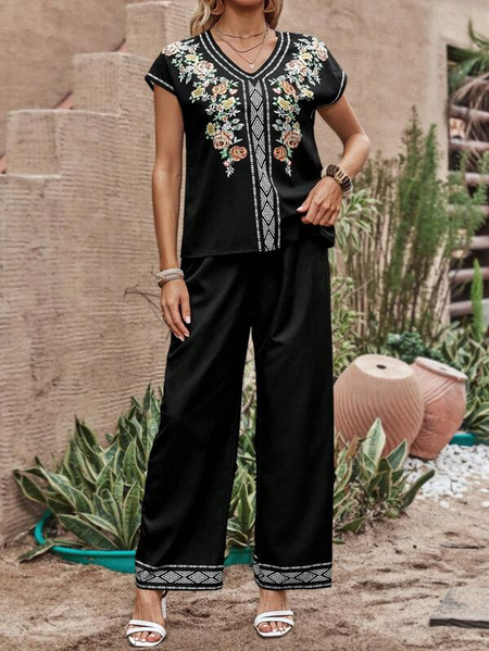 

V Neck Casual Floral Print Batwing Sleeve Top & Wide Leg Pants Two-Piece Set, Black, Suit Set
