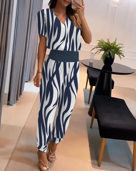 

Casual Striped Loose V Neck Two-Piece Set, Blue, Suit Set