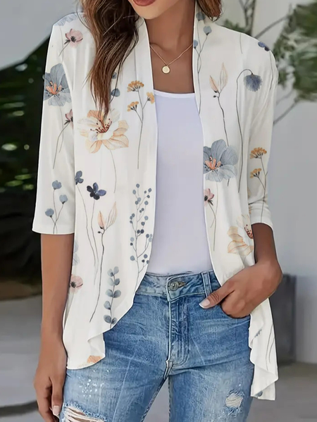 

Casual Loose Floral V Neck Kimono, White, Cardigans