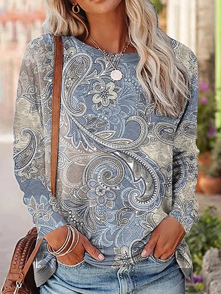 Paisley Crew Neck Casual Loose T Shirt