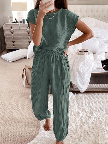 

Plain Crew Neck Casual Loose Two-Piece Set, Gray, Suit Set