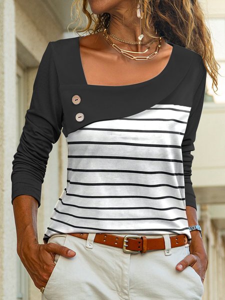 

Striped Loose Casual Asymmetrical Shirt, Black, Shirts & Blouses