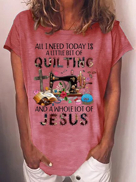 

Women's Quilting Christian Crew Neck Casual T-Shirt, Pink, T-shirts