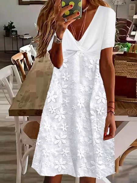 

Plain Jacquard Short Sleeve V Neck Casual Mock Two-Piece Dress, White, Mini Dresses