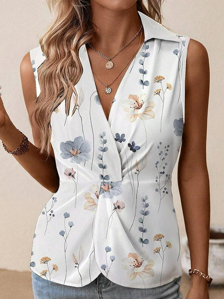 

Casual Floral Shawl Collar Cotton Tank Top, White, Tanks & Camis