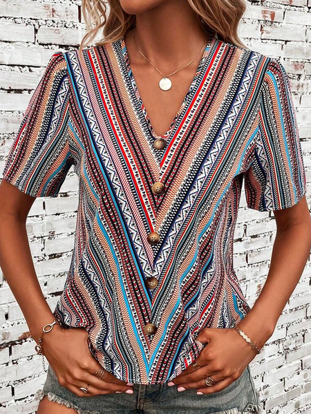 

Loose V Neck Ethnic Casual Blouse, Blue, Shirts & Blouses