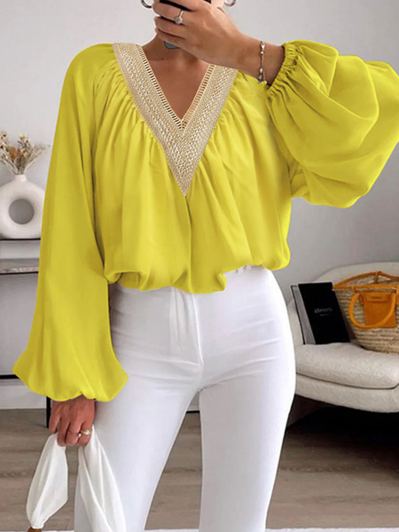 

Elegant Lightweight Loose Long sleeve Plain V Neck Shirt, Yellow, Blouses and Shirts