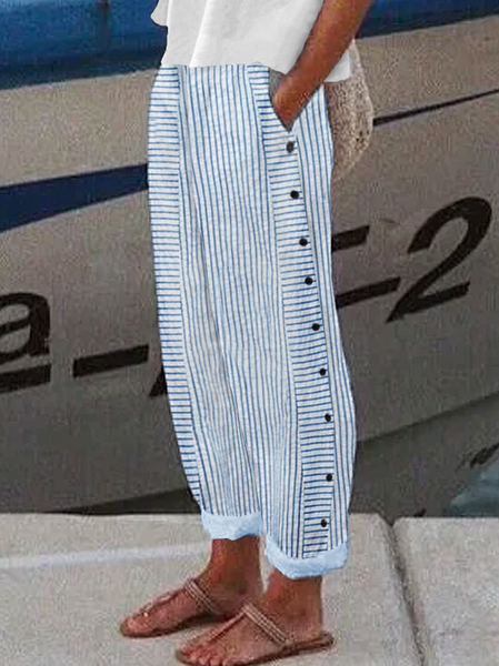 

Casual Striped Buttoned Comfy Long Pants, Blue, Pants