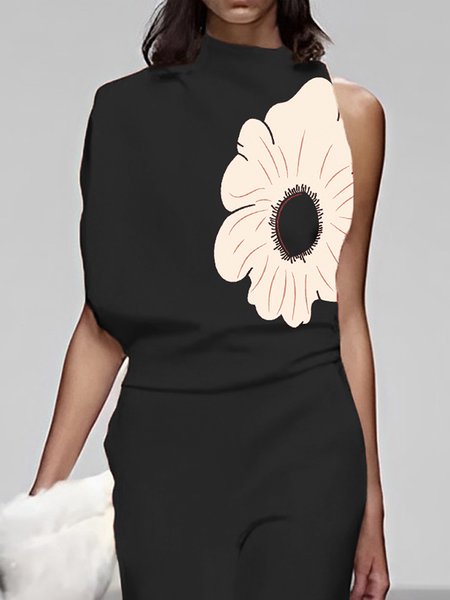 

Regular Fit Floral Half Turtleneck Urban Tank Top, Black, Blouses and Shirts