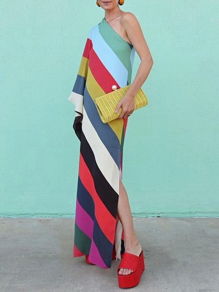 

One Shoulder Vacation Striped Loose Dress, Multicolor, Maxi Dresses