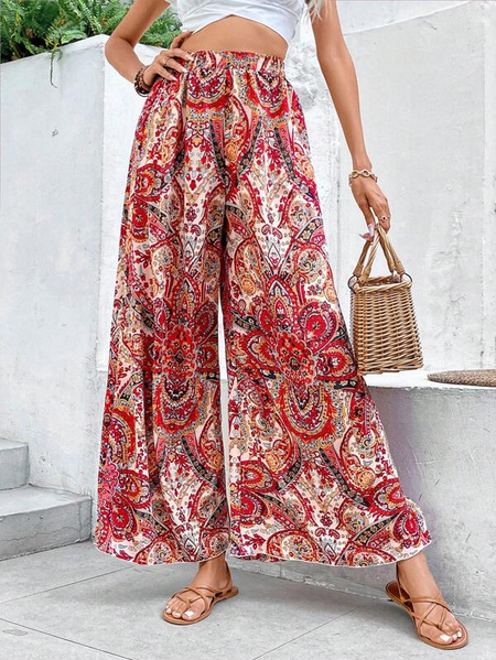 

Casual Ethnic High Waist Long Straight Pants, Red, Pants
