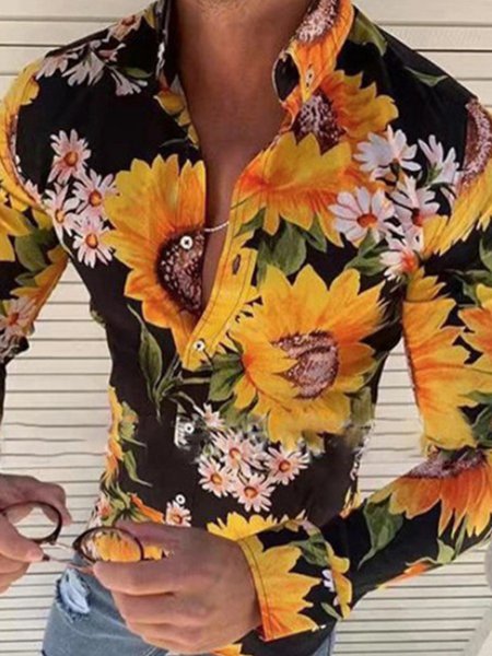

Regular Sleeve Floral Casual Printing Shirt, Yellow, Shirts ＆ Blouse
