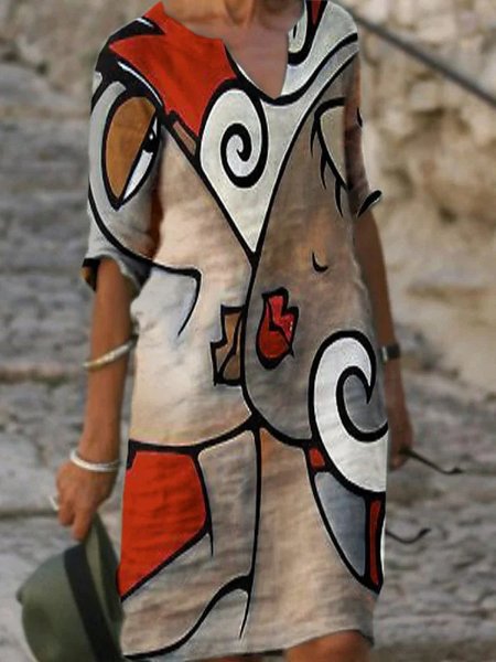 

Casual Face Notched Loose Dress With No, Red, Dresses