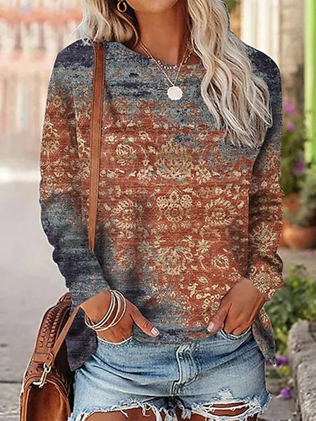 

Loose Crew Neck Casual Ethnic T-Shirt, Rust, Long sleeves