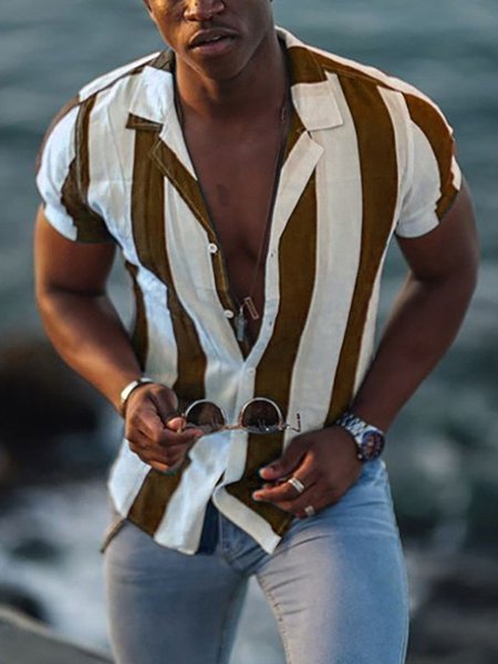 

Men's Casual Striped Button Up Shirts Urban Everyday Resort Clothing, Red, Shirts ＆ Blouse