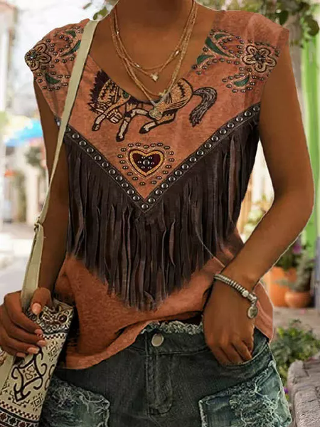 

V Neck Ethnic Loose Casual Tank Top, Brown, Tanks & Camis