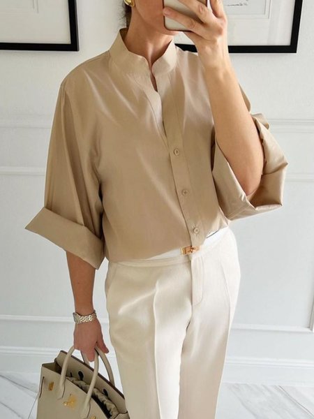

Stand Collar Plain Loose Urban Blouse, Khaki, Blouses and Shirts