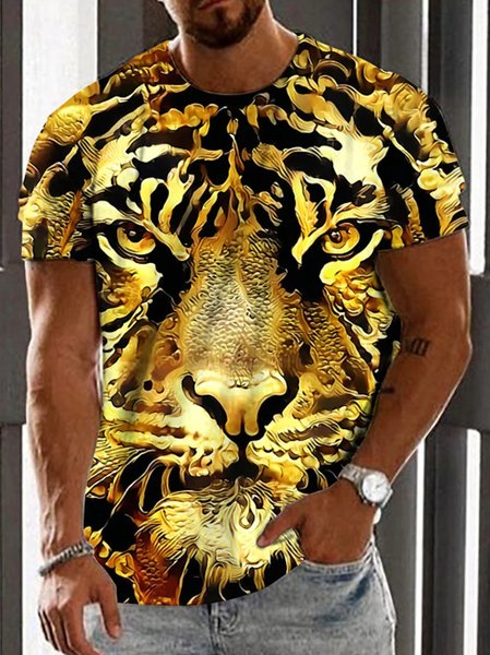 

Casual 3D Animal Lion Tiger Pattern Round Neck Short Sleeve T-Shirt Daily Men's Clothing, Yellow, T-Shirts
