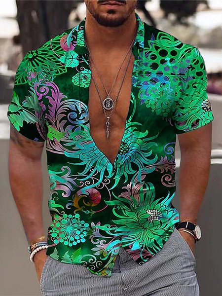 

Vacation Regular Sleeve Shirt Collar Regular Fit Shirt, Green, Shirts ＆ Blouse