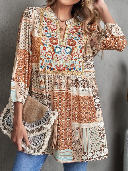 

V Neck Loose Elegant Ethnic Shirt, Orange, Shirts & Blouses