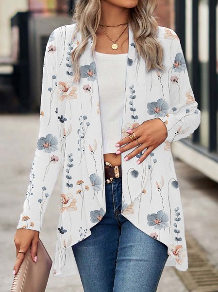 

Floral Lapel Collar Casual Knitted Kimono, White, Coats
