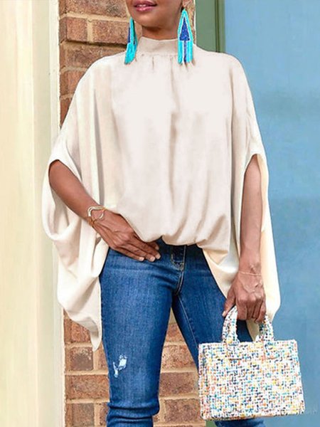 

Plain Stand Collar Loose Urban Shirt, Apricot, Blouses and Shirts