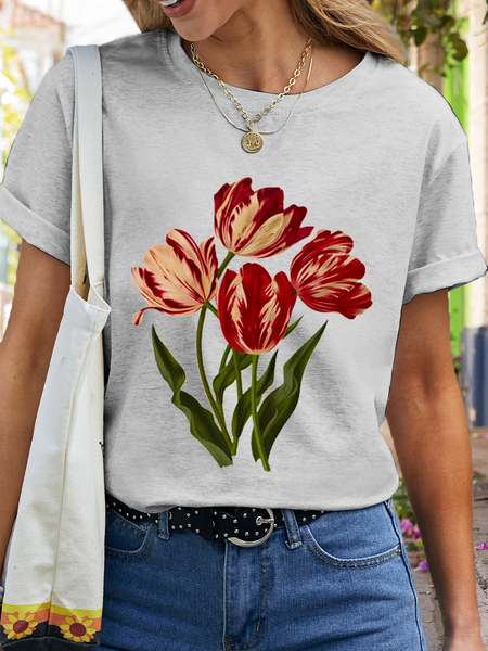 

Women's Cotton Floral Crew Neck Simple T-Shirt, Light gray, T-shirts
