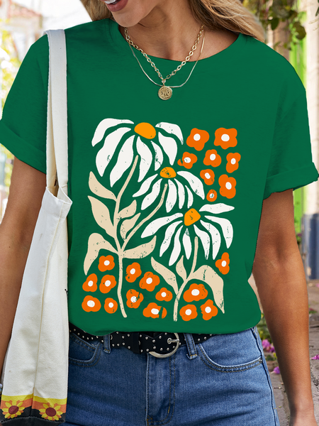 

Women's Grow Positive Thoughts Vintage Wildflowers Cotton Casual T-Shirt, Green, T-shirts